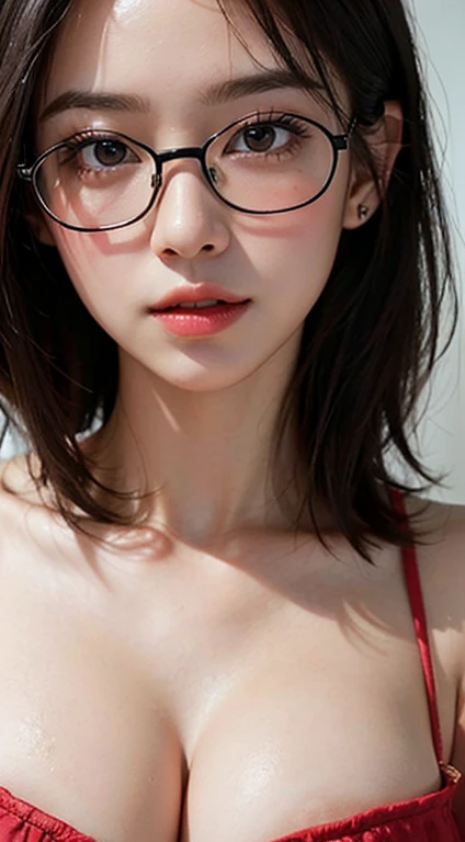 (SFW:1.8、masterpiece, highest quality), 1 Japanese girl, alone, Realistic, Realistic, Looking at the audience, Light Black eyes:1.4, with highly detailed shiny hair, Lepangas:1.4), Mouth closed, eye、eyelash, {Huge|Big Breasts|Hug whole :2, Chest cleavage:2, (((Beand cute bangs:2、Jet Black Hair:2, Add highlights to the eyes:1.4, big chest, Glowing Skin:1.4, Looking at the audience, She is very 美しい and cute, Show me your ears, Beautiful long neck, Please close your mouth and laugh, Ideal body type, Beautiful long neck:1.4, (({Huge|big|Huge|Mega} chest, Cleavage:2)), (((Portraitue close-up:2、Chest close-up:2))), ((Transparency, clear, Transparent beauty, Gloss)), Perfect Anatomy, ((Portrait, Attractive woman)), 26 years old, Short Hair, Shiny Hair, longeyelashes, solid circle eyes, glossy lips, ear blush, ccurate, wear Blouse, cheeks are red, anatom, wearing glasses, Hyper realistic, anaglyph, stereogram, pov, atmospheric perspective, From Above