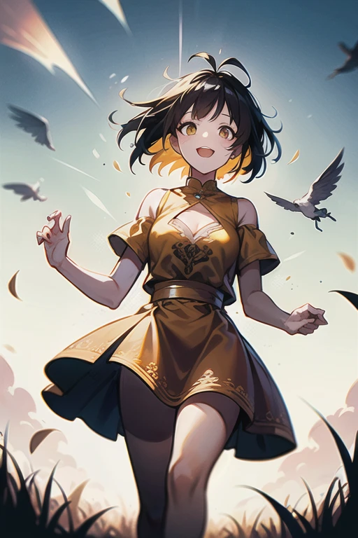 agregar_detalle:1, La mejor calidad, hermoso brillo detallado, ambient-occlusion, Luz ambiental, Reflejos trazados por rayos, Aura brillante, una feliz, Smiling 18-year-old brown-skinned girl running across the prairie on a sunny day with the wind blowing, Short two-part dress with warm colored floral motifs and colorful flying flowers found throughout the meadow, muy colorido.