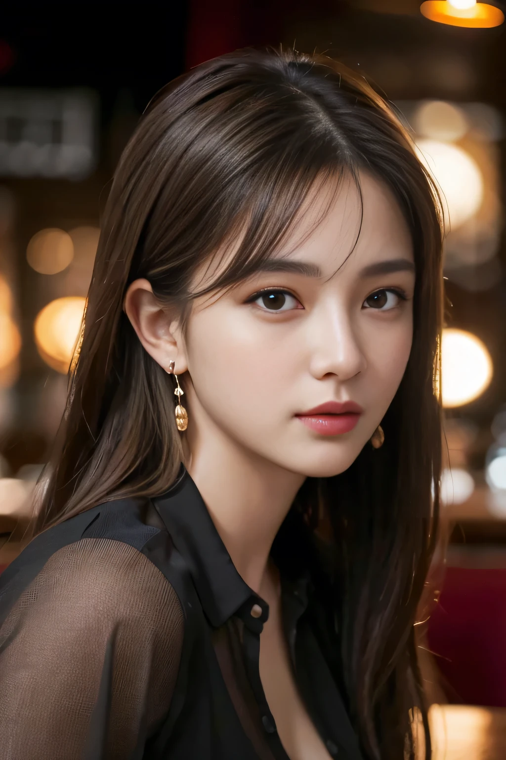 masterpiece, highest quality, Realistic, Very detailed, Finer details, High resolution, 8k wallpaper, One beautiful woman, Wear a black see-through shirt, In a great pub restaurant, At night, Light brown messy hair, Perfect dynamic composition, Beautiful and beautiful eyes、Big earrings