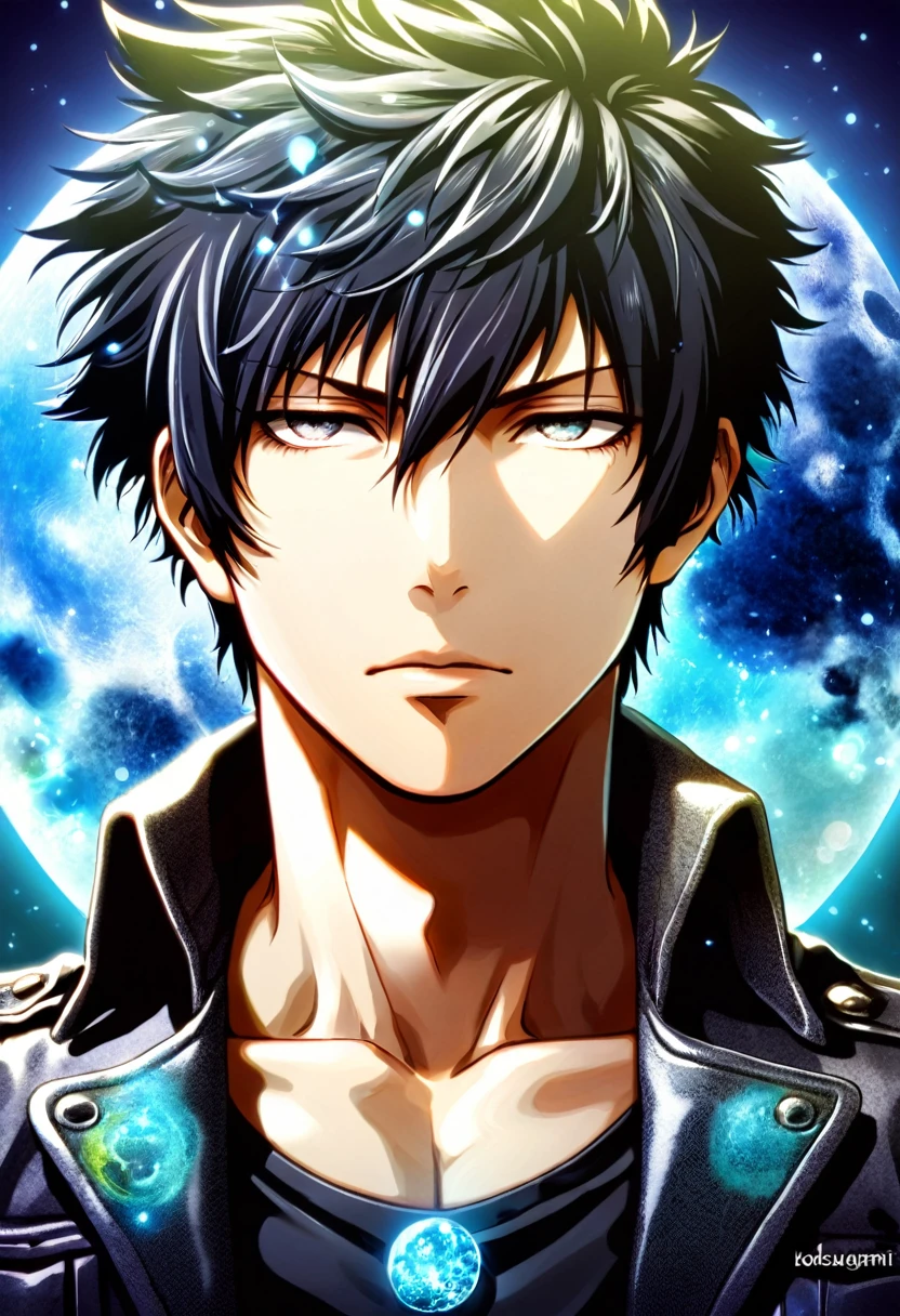absurdres, highres, ultra detailed, HDR, masterpiece, Kougami Shinya, black hair, expressive gray eyes, Psycho Pass, solo, sexy man, handsome, black leather jacket, black shirt, magical, fantasy, water, blue moon, starry, blue fireflies, blue flowers