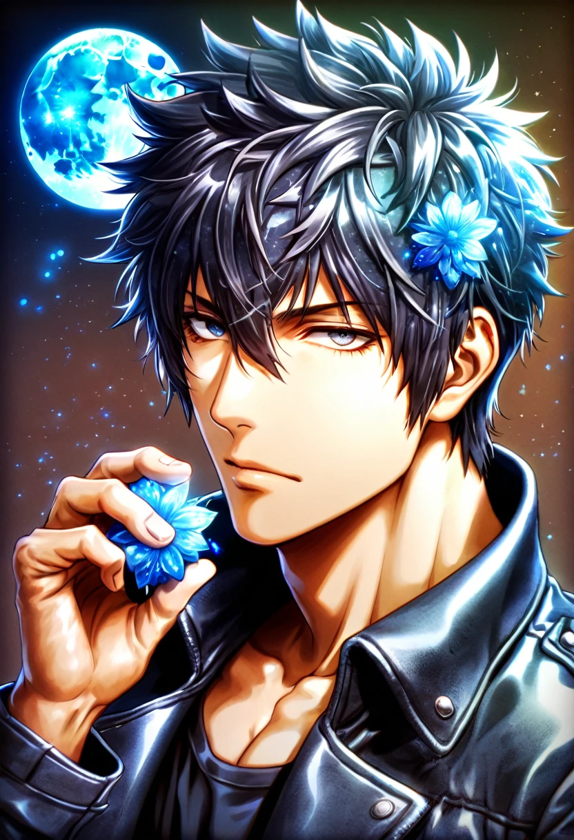 absurdres, highres, ultra detailed, HDR, masterpiece, Kougami Shinya, black hair, expressive gray eyes, Psycho Pass, solo, sexy man, handsome, black leather jacket, black shirt, magical, fantasy, water, blue moon, starry, blue fireflies, blue flowers