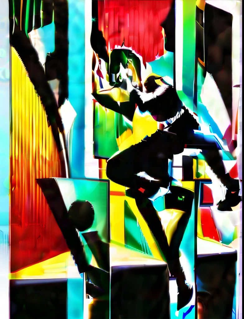 Jujutsu Kaisen style art of a mature woman with light green short hair in a short Bob style, emerald bright eyes, green stars floating around her eyes, wearing a black tank top, wearing dress pants with black boots, with a big euphoric smile. do her with injuries on your face. do it with Hakari Kinji Pose.
