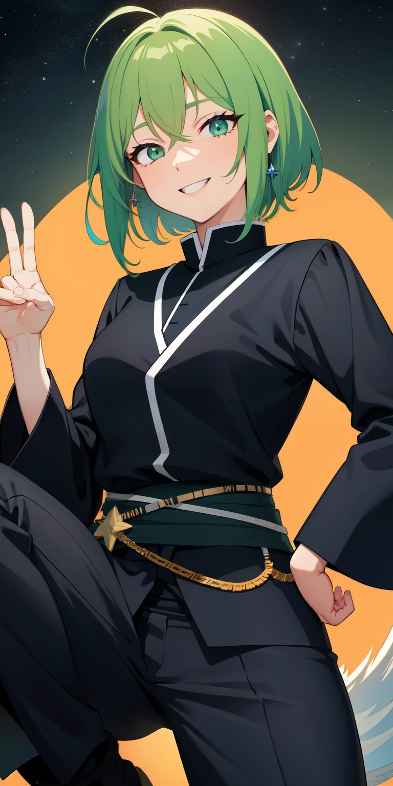 Uma mulher com cabelo curto verde claro em estilo Bob curto, olhos esmeralda brilhantes, estrelas verdes flutuando ao redor dos olhos, vestindo uma regata preta, wearing dress pants with black boots, with a big euphoric smile. do it with the Hakari Kinji pose (jujutsu kaisen)