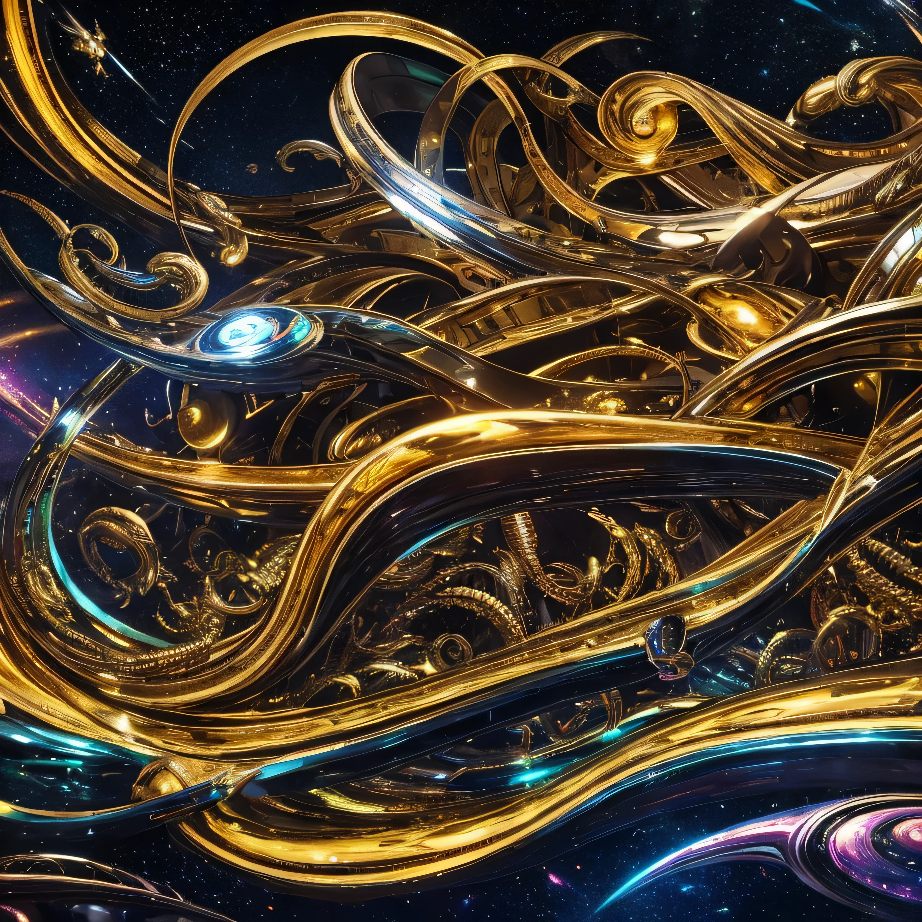 Chromed oil painting in shiny golden tones, the Portuguese word 'PSYWORMS' in 3D, cartoon golden font, surrounded by goldenneon spaceships, galaxies in the sky, and a nightmare horror
