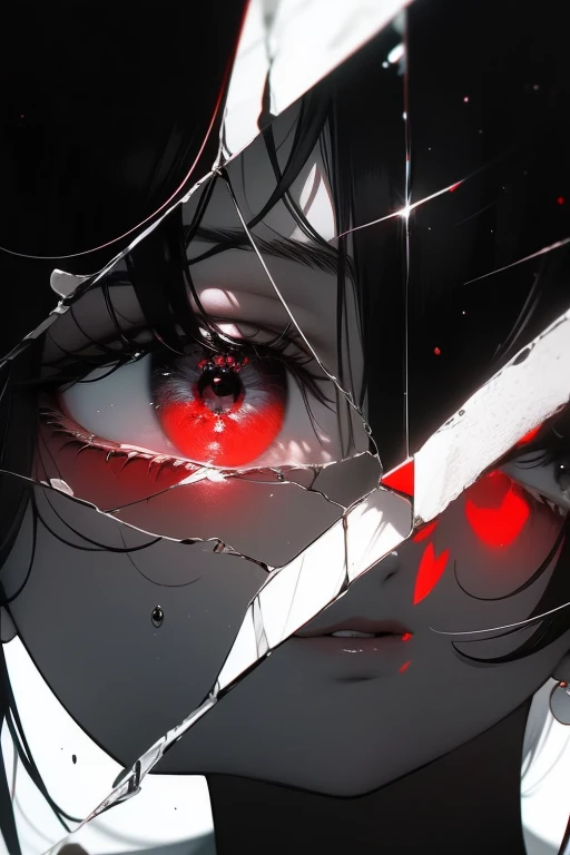 Black and white,Absolutely beautiful women,Bust,Broken mirror,Split black and white,Red tears,Black and white painting,Broken,Sublevels,Black and white,Eroded by darkness and light,Symetrical
