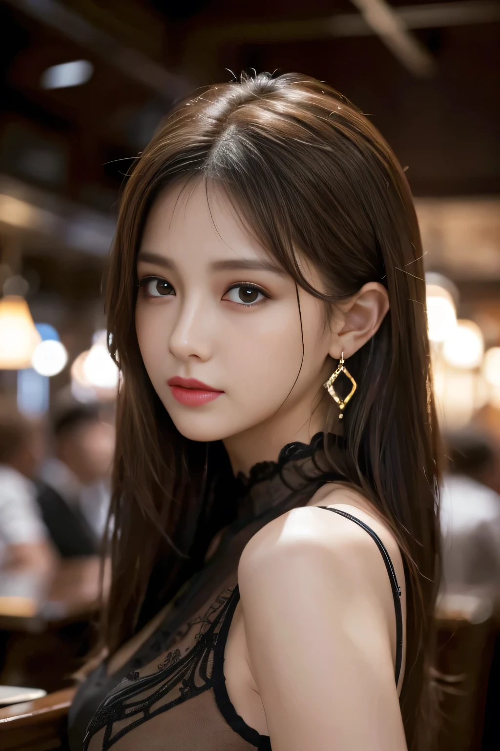 masterpiece, highest quality, Realistic, Very detailed, Finer details, High resolution, 8k wallpaper, One beautiful woman, Wear a black see-through shirt, In a great pub restaurant, At night, Light brown messy hair, Perfect dynamic composition, Beautiful and beautiful eyes、Big earrings