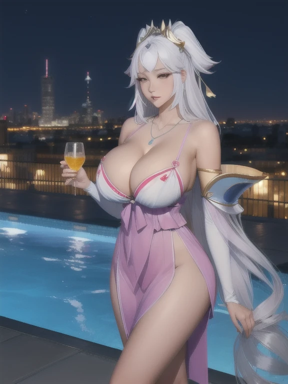 WZRY becomes YP, 1 Girl(((Full breasts,)))(((Large Breasts))) (((Cleavage))),, Solitary, white hair, long hair, Jewelry, Bare shoulders, Separate sleeves, skirt, Hair accessories, looking at the audience, necklace, city View, night, pool,twice as good,Ribbon, A faint smile, transparent, Parted bangs,