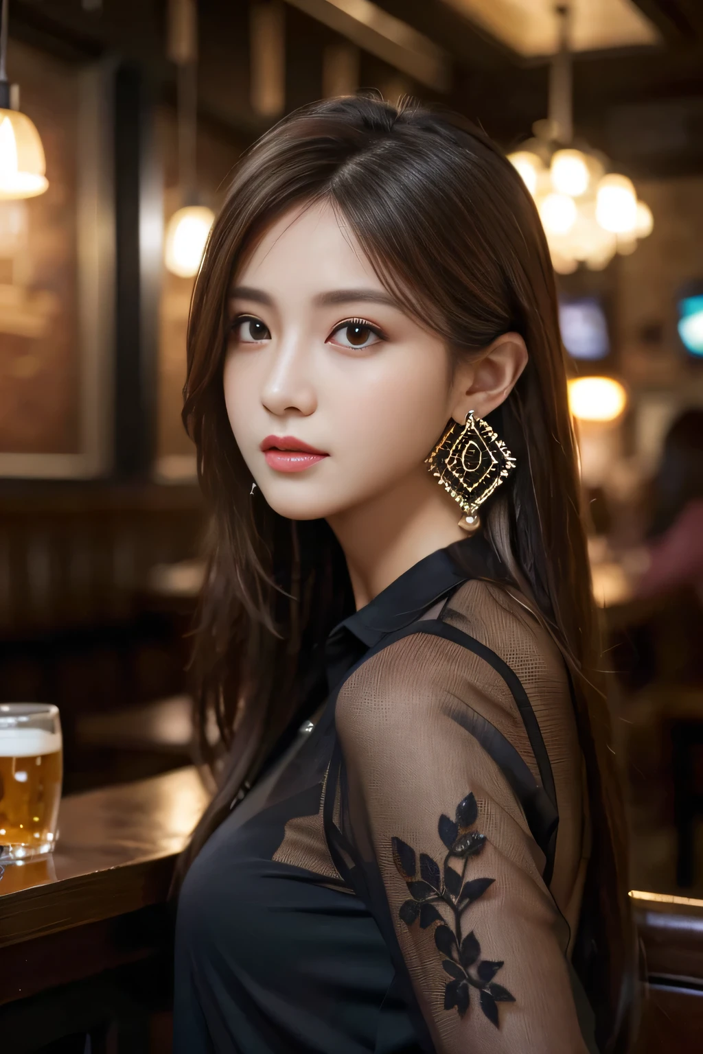 masterpiece, highest quality, Realistic, Very detailed, Finer details, High resolution, 8k wallpaper, One beautiful woman, Wear a black see-through shirt, In a great pub restaurant, At night, Light brown messy hair, Perfect dynamic composition, Beautiful and beautiful eyes、Big earrings