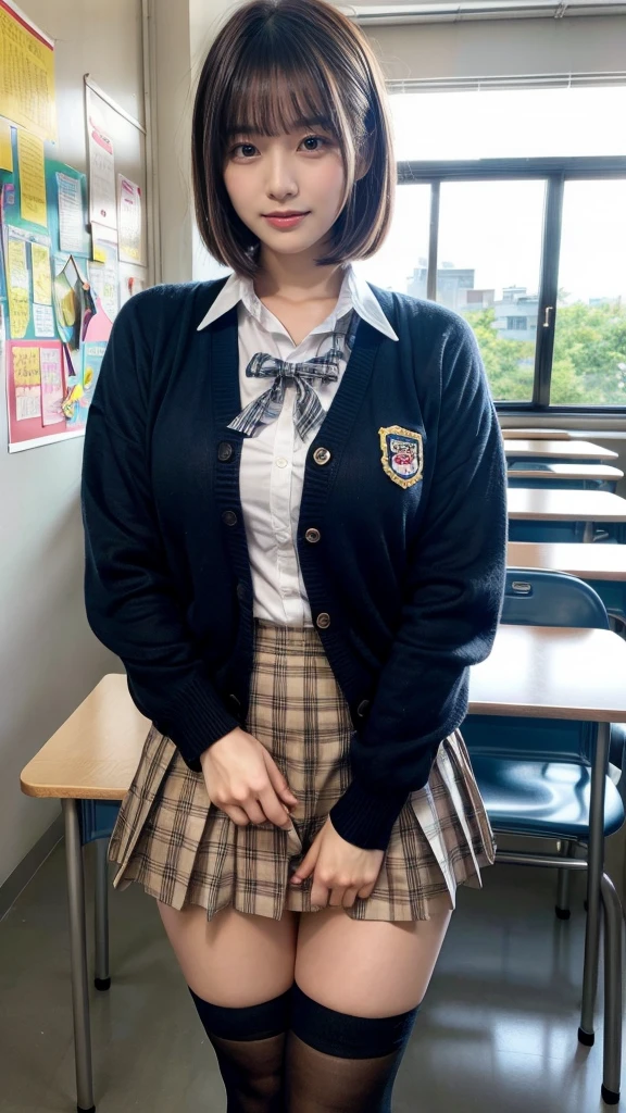 masterpiece, best quality, illustration, Super detailed, fine details, High resolution, 8K,wall paper, perfect dynamic composition,(Details High quality, realistic depiction of eyes:1.3), High School Classroom、High school girl uniform、Cardigan、Super Short Check Uniform Skirt、Navy blue high socks、garterbelts、Colossal tits、Disturbed uniform、short bob hair, black hair color, Big Natural Color Lip, bold sexy pose, (perfect body shape), crying a little、Harajuku style、20 year old girl、cute type, beautiful legs, hposing Gravure Idol, Voluptuous thighs