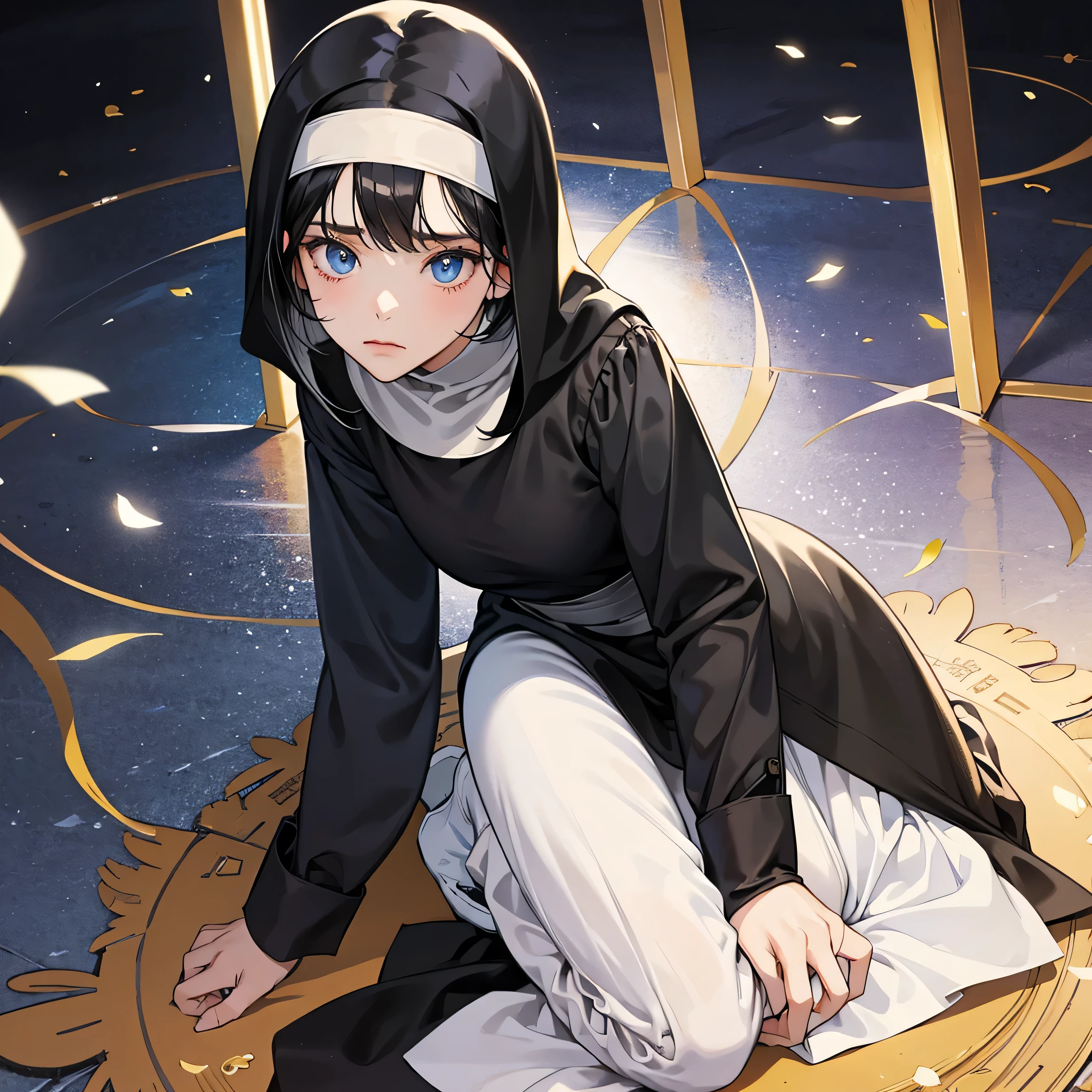 1girl, nun clothes, short black hair, dark blue eyes, kneel, praying, looking at the viewer