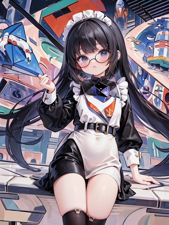 8k, (Cubist Futurism:1.8), 9-year-old girl, black eye, Glasses, Black Hair, Long Hair, Braid, Black maid outfit