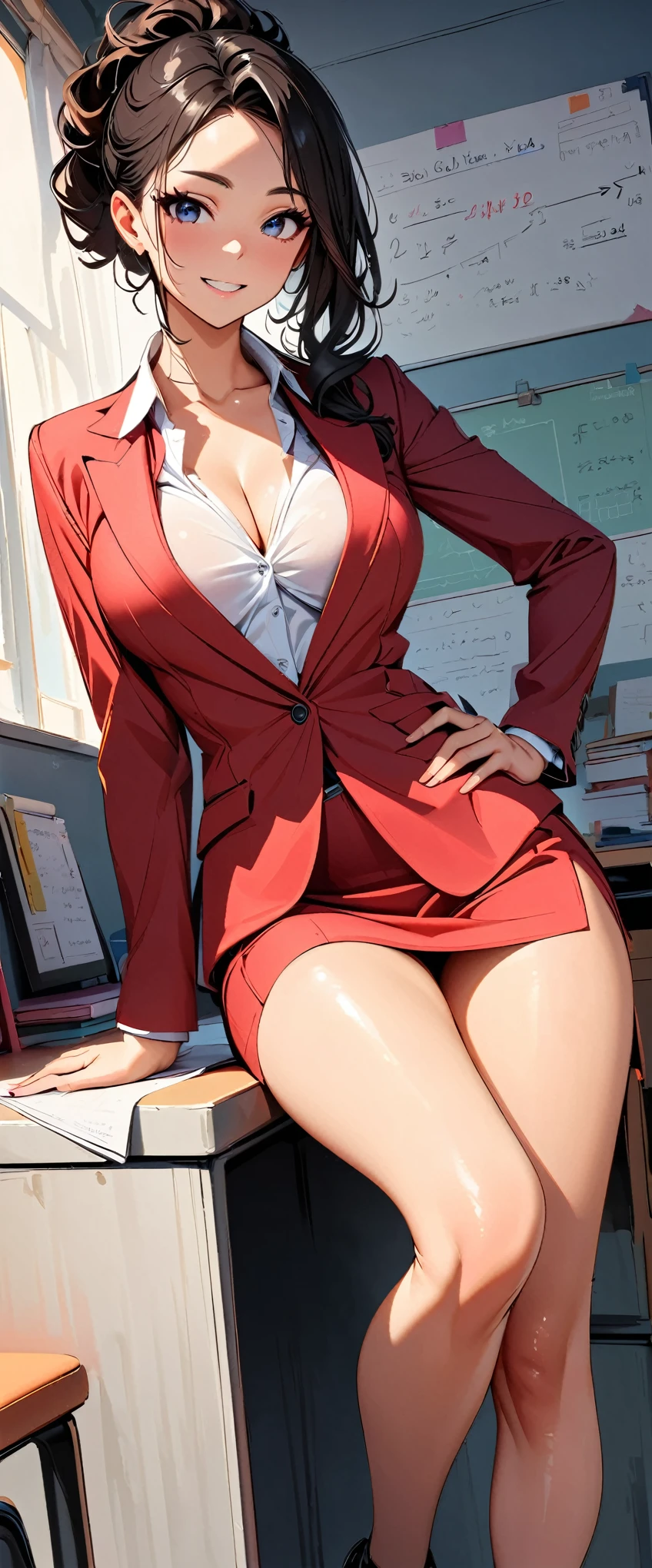 (highest quality:1.2, Very detailed, up to date, Vibrant, Ultra-high resolution, High Contrast, masterpiece:1.2, highest quality, Best aesthetics), Beautiful female teacher, sexy, suit, No tie, Tight Skirt, Beautiful thighs revealed, Best Body Line, Beautiful fine details, A professional and confident smile, Detailed facial features, Elegant hairstyle, textbook, Whiteboard with equations written on it, Inspirational quotes on the wall, neatly organized desk, Bonds of Love, Adorable,