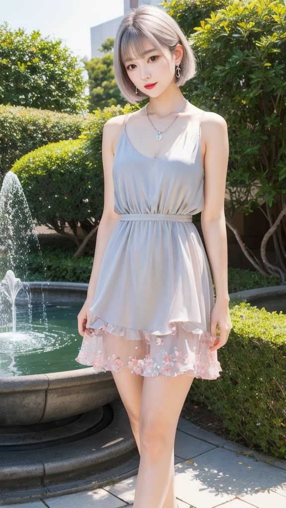 (8k, Photorealistic, Raw photo, Highest quality: 1.4),Japanese idol-style beautiful girl,1 person,18-year-old,Hairstyle(Very Short Bob,silver :1.4),Hang your hair over your ears,She has small platinum earrings in her ears.,Big, clear grey eyes,Long eyelashes,Plump Cheeks,She has pale pink lipstick on her lips.,Apply gloss over your lipstick for glossy, plump lips,A short pendant is hanging around her neck,Thin and delicate shoulders,Pale pink nail polish on the nails of both hands,Thin waist,Layered dress(Transparency :1.4,No sleeve,Floral)Wearing,Holding her skirt with both hands,Wearing sandals,Standing with a park fountain in the background,Full body portrait