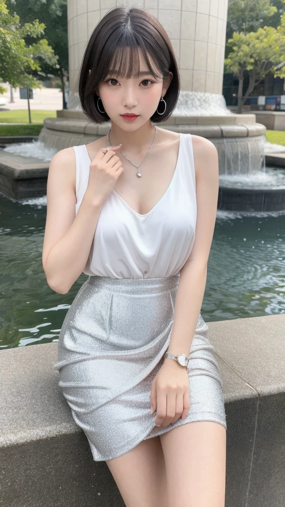 (8k, Photorealistic, Raw photo, Highest quality: 1.4),Japanese idol-style beautiful girl,1 person,18-year-old,Hairstyle(Very Short Bob,silver :1.4),Hang your hair over your ears,She has small platinum earrings in her ears.,Big, clear grey eyes,Long eyelashes,Plump Cheeks,She has pale pink lipstick on her lips.,Apply gloss over your lipstick for glossy, plump lips,A short pendant is hanging around her neck,Thin and delicate shoulders,Pale pink nail polish on the nails of both hands,Thin waist,Layered dress(Transparency :1.4,No sleeve,Floral)Wearing,Holding her skirt with both hands,Wearing sandals,Standing with a park fountain in the background,Full body portrait