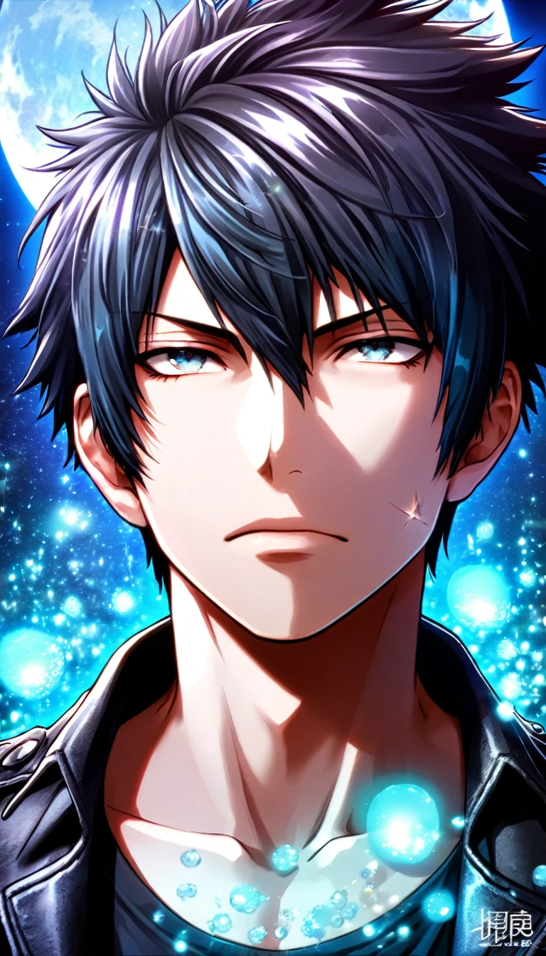 absurdres, highres, ultra detailed, HDR, masterpiece, Kougami Shinya, black hair, expressive gray eyes, Psycho Pass, solo, sexy man, handsome, black leather jacket, black shirt, magical, fantasy, water, blue moon, starry, blue fireflies, blue flowers