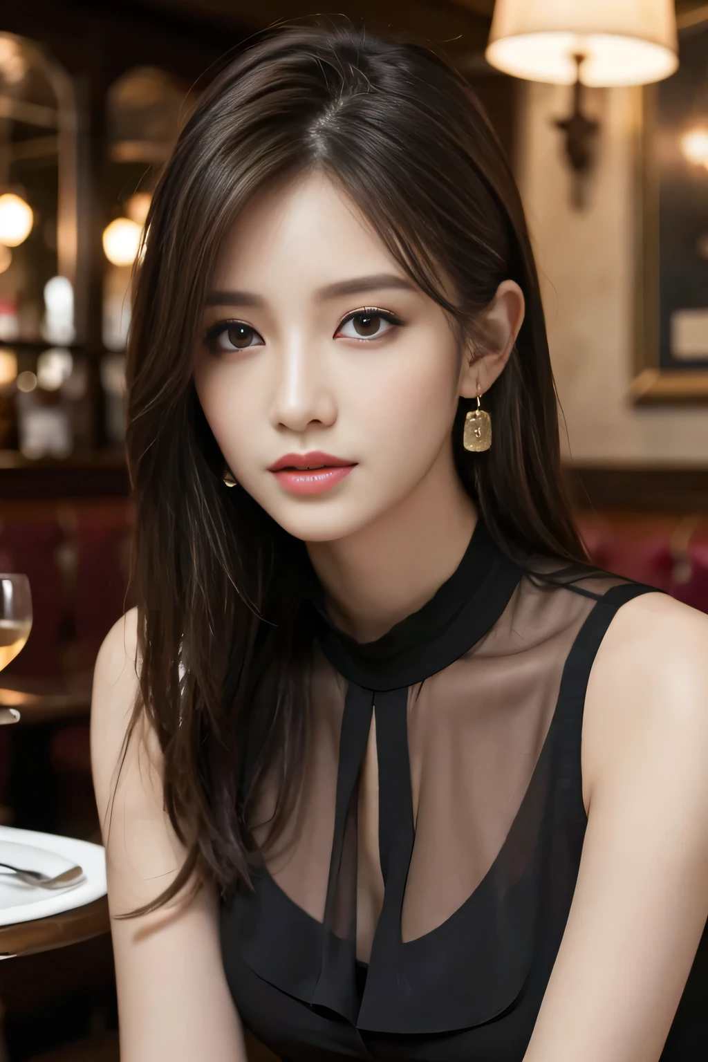 masterpiece, highest quality, Realistic, Very detailed, Finer details, High resolution, 8k wallpaper, One beautiful woman, Wear an elegant black see-through blouse, In a great pub restaurant, At night, Light brown messy hair, Perfect dynamic composition, Beautiful and beautiful eyes、Big earrings、Sleeveless shirt、