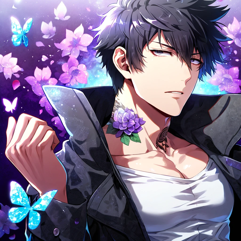 Ultra detailed, Highres, absurdres, HDR, Kougami Shinya, black hair, expressive gray eyes, black coat with patterns, Psycho Pass, white shirt, fantasy, glittering purple butterflies, petals, handsome, sexy man, solo, very detailed eyes and face, master piece, toned chest, glittering, purple flowers, tattoo on his neck, purple background
