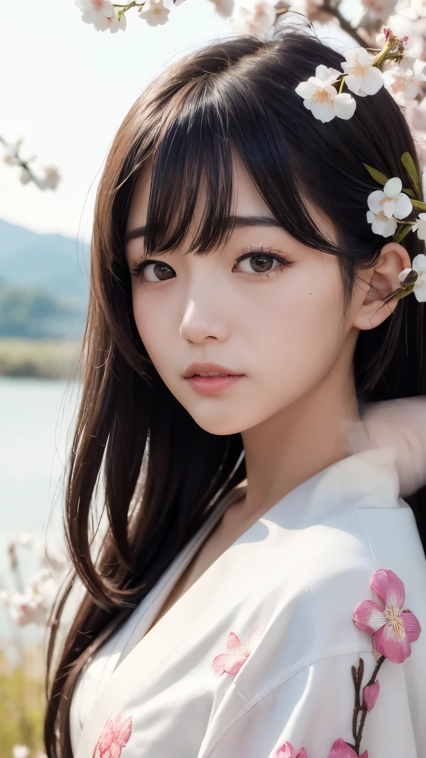 (logo、masterpiece、8k、Tabletop、RAW Photos、wonderful、最high quality、Realistic、Very detailed CG 統合 8k 壁紙、high quality、Very detailed、Narrative poem、Particle Effects、Dynamic Effects、Written boundary depth、Cinematic Light、Lens flare、Ray Tracing)、Fantasy、 (1 Beauty、White kimono、Japanese Clothing、White cherry blossom pattern、White cherry blossom embroidery pattern、Black-haired、Beautiful Face、True Face、Beautiful details in the eyes、Beautiful Skin)、Hair flutters in Wind、Hair bounces、Pink cherry blossom tree、Petals flutter、SakuraFubuki、wonderful景色、Morning Glow、Sun in the background、Wind、god々、teeth、god話、Vast land、