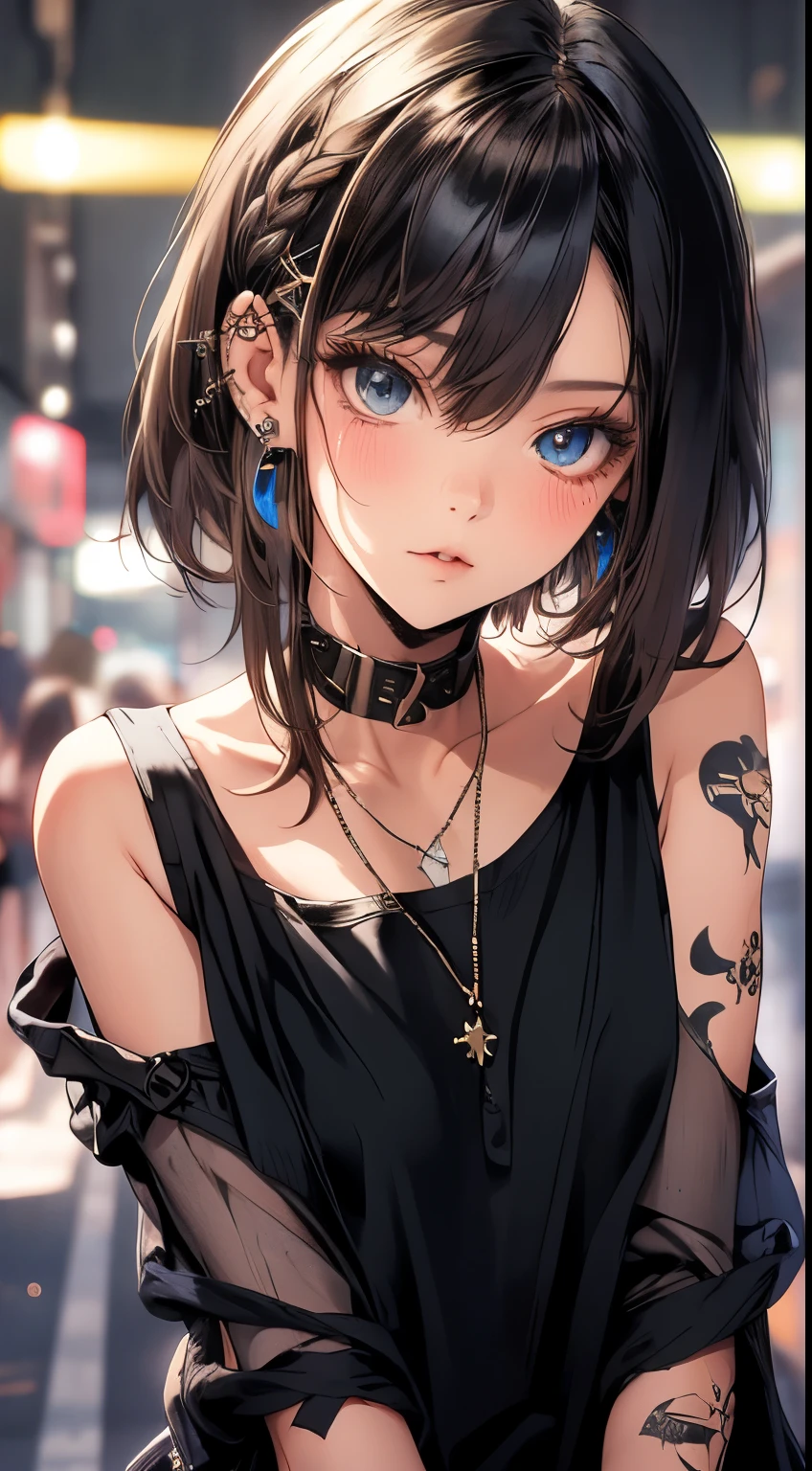 obra maestra, Mejor calidad, pixiv, Chica cool, muchos piercings, pendientes, Light brown hair color, Pelo RIZADO, Beautiful blue eyes、flequillo contundente, flequillo recto, ojos grises, pale skin, Gallon, mejorar