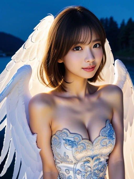 (A Ultra cute young Japanese Angel:1.75), (She has real Angel wings:1.75),(she wearing a holy angel costume slim fit:1.75),(She is an angel floating in the air on the lake:1.5),(beautiful detailed eyes:2.0),beautiful detailed lips, (extremely detailed cute face:2.0), longeyelashes, (slender woman body:1.75), (beautiful short hair:1.5), (natural makeup:1.2),big smile, incredibly beautiful skin,(professional lighting, bright lighting, photorealistic, 8k, high resolution, best quality, masterpiece, ultra-detailed:1.75), vivid colors, (moonlit night:1.5)
