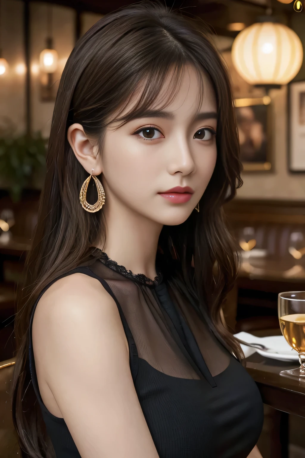 masterpiece, highest quality, Realistic, Very detailed, Finer details, High resolution, 8k wallpaper, One beautiful woman, Wear an elegant black see-through blouse, In a great pub restaurant, At night, Light brown messy hair, Perfect dynamic composition, Beautiful and beautiful eyes、Big earrings、Sleeveless shirt、