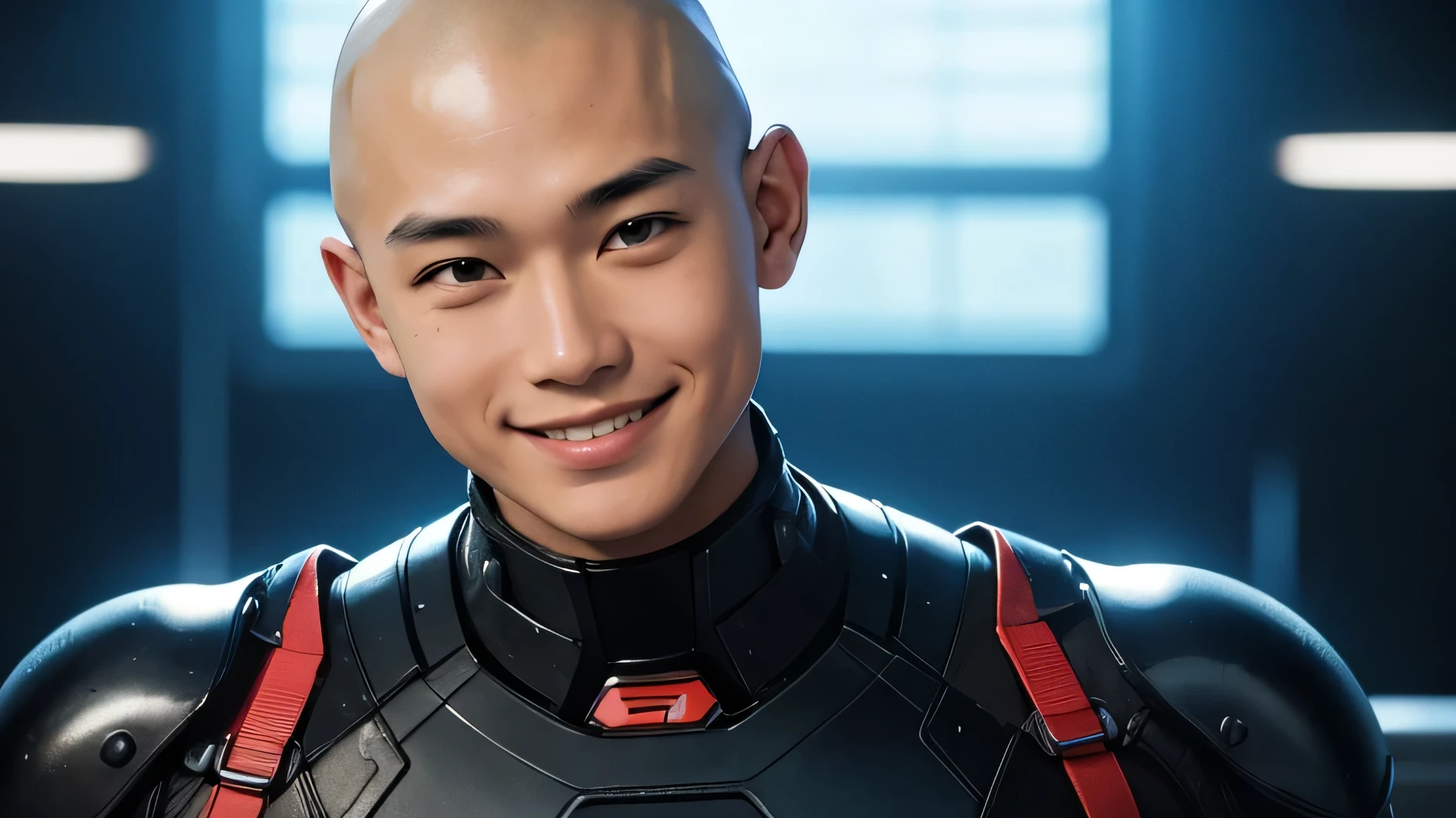 Handsome Japanese 16 year old　Baby Face　Beautiful boy　　Shaved head　Skinhead　Very tight rubber suit　Upper body looking at camera　Smile　SF 　future　universe　Science fiction