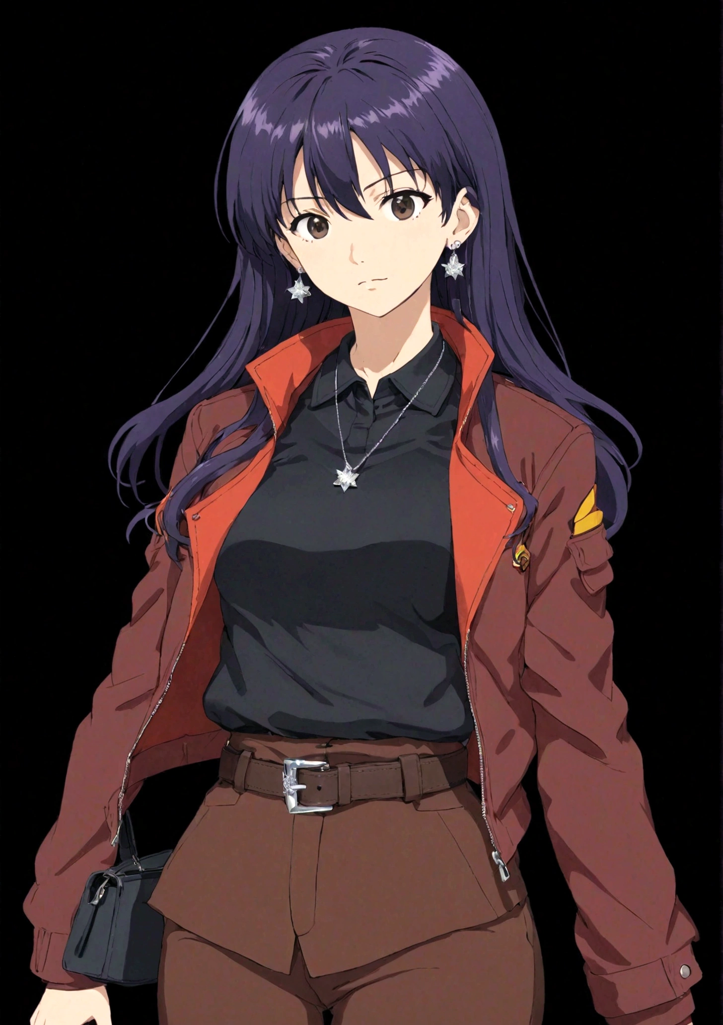 1 Girl,belt,black background,十字架necklace,earrings,Akimbo,jacket,Jewelry,katsuragi misato,Long hair,necklace,Transparent Background