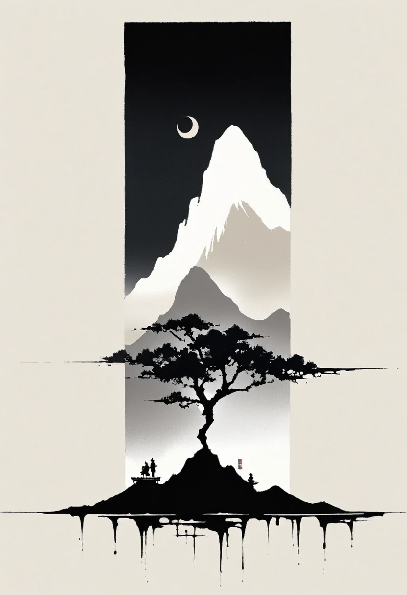 (大量留white:1.5),white, white色背景, simple, Minimalism, abstract,Freehand,Aesthetic,黑与white,Ink Painting,antiquity,Mountain,People in the distance