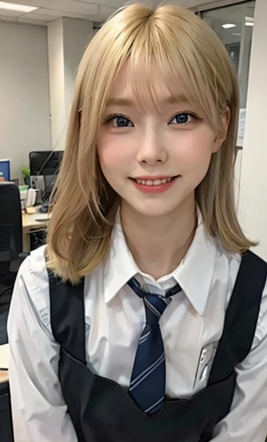 A 20-year-old blonde office worker staring at me、smile