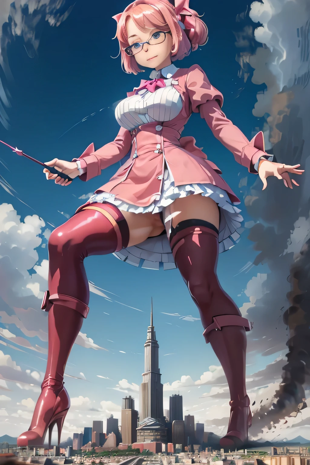 giantess art, highly detailed giantess shots, giantess, Two legs, Five fingers, short hair, A beautiful girl who is bigger than a skyscraper, Wearing rimless glasses, smile, Big Breasts, pink dress, bow, magical girl, magical wand, black pantyhose, pink stiletto heels, Lightning from a wand, Destroying cities, A very small big city, Miniature metropolis, Full body description, GTS, giga giantess, stomping city, crash city, tiny city, micro city, pantyhose feet, High resolution, highest quality, masterpiece,