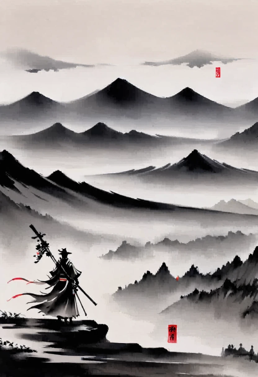 (大量留white:1.5),white, white色背景, simple, Minimalism, abstract,Freehand,Aesthetic,黑与white,Ink Painting,antiquity,Mountain,People in the distance