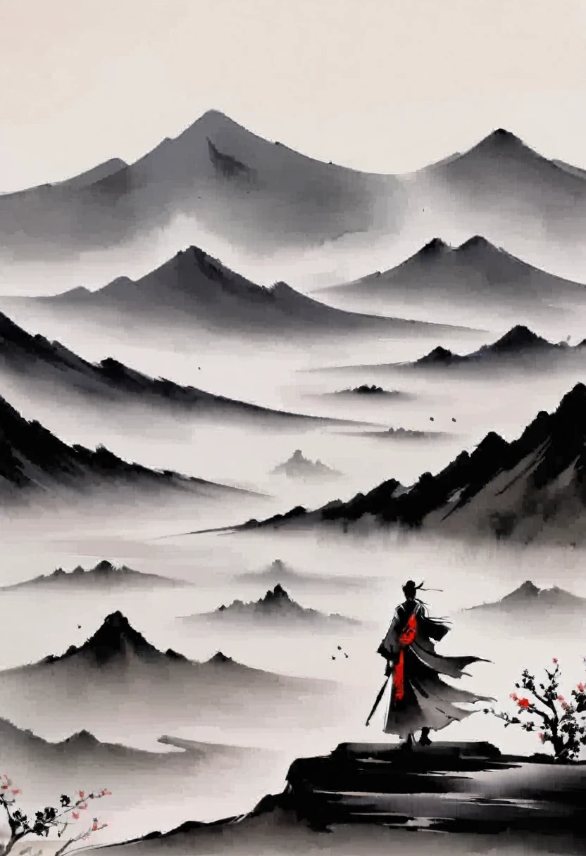 (大量留white:1.5),white, white色背景, simple, Minimalism, abstract,Freehand,Aesthetic,黑与white,Ink Painting,antiquity,Mountain,People in the distance