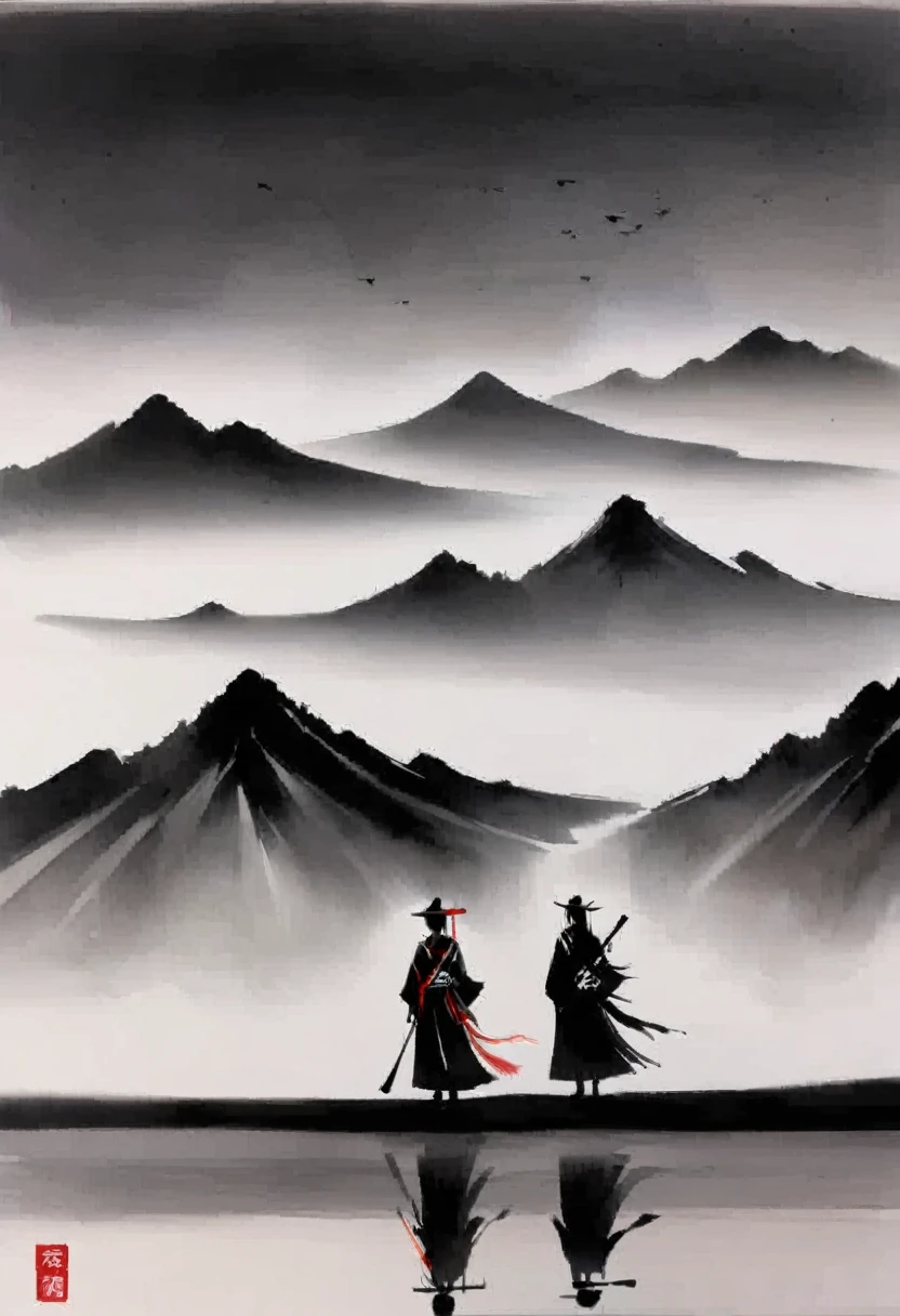 (大量留white:1.5),white, white色背景, simple, Minimalism, abstract,Freehand,Aesthetic,黑与white,Ink Painting,antiquity,Mountain,People in the distance