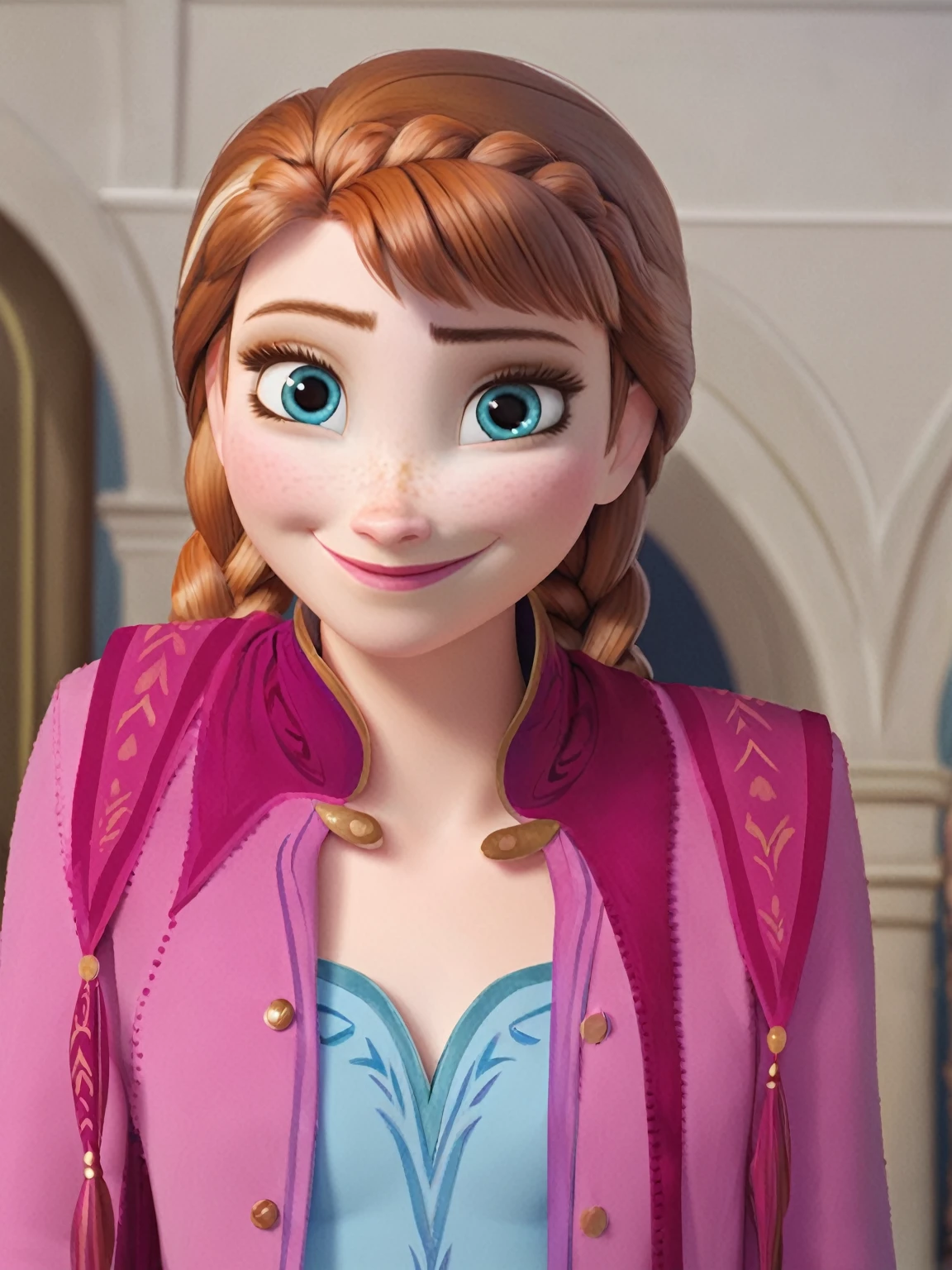masterpiece,best quality, highly detailed, score_9, score_8_up, score_7_up, score_6_up,source_Anime,BREAK
anna, 1girl, anna (frozen),twin braids,smile solo, braid, freckles, long hair, looking at viewer, blue eyes,half body, orange hair,castle,
