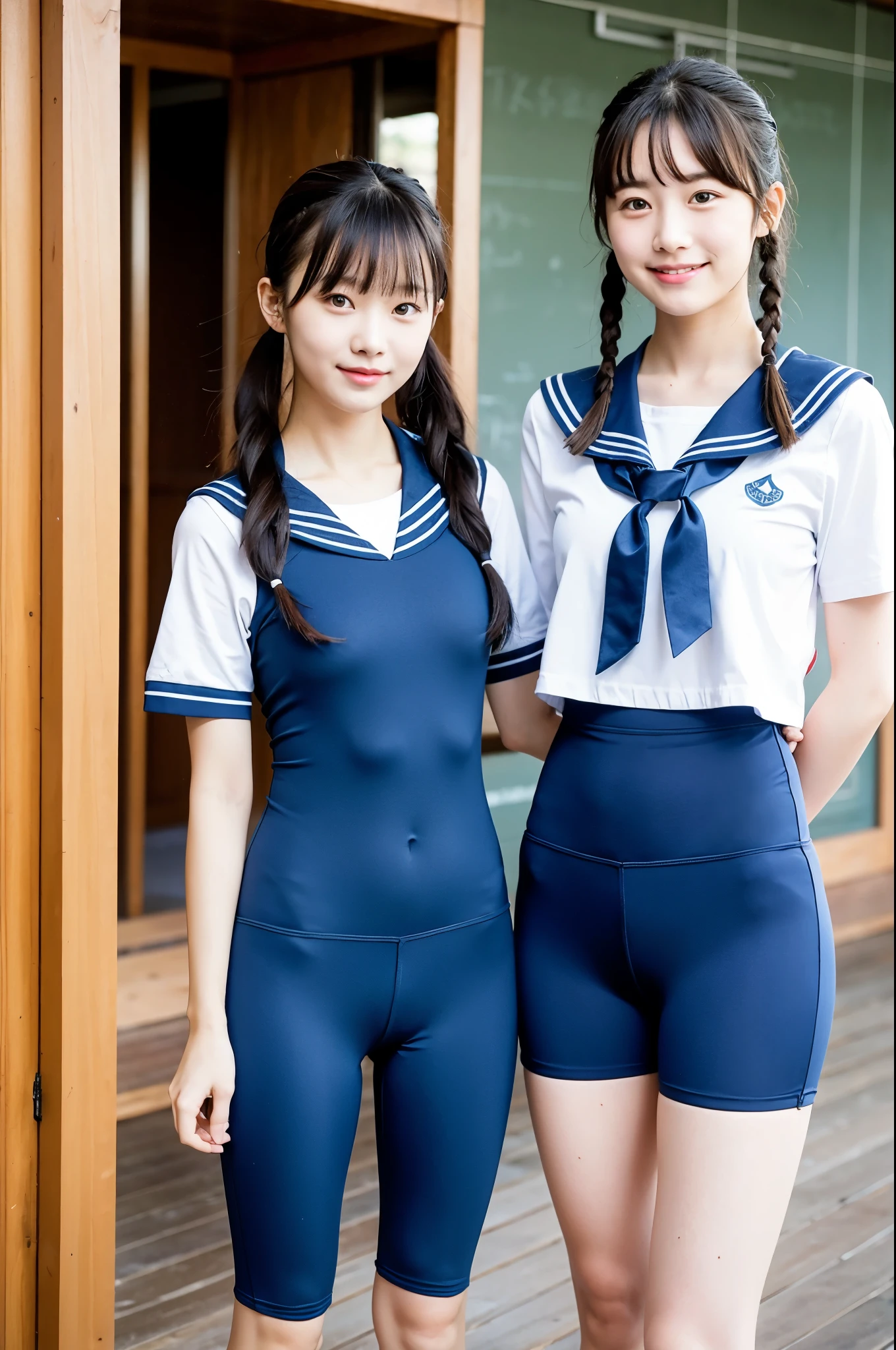 2 girls walking in wooden school classroom,sailor shirt over,BREAK,blue school swimsuit with blue compression semi long pants,18-year-old,bangs,a little smile,thighs,knees,short hair with low pigtails,from before,front light