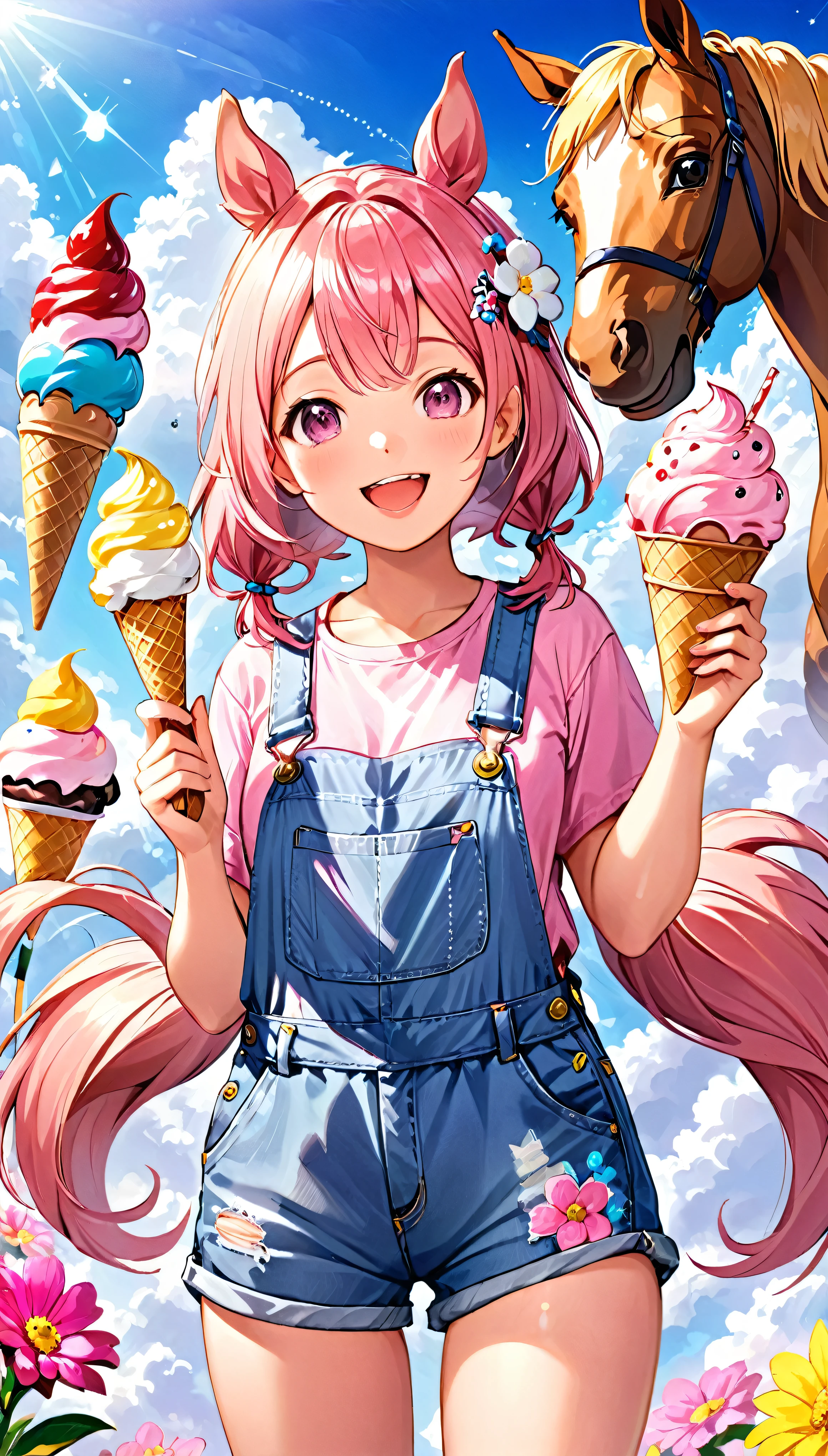 masterpiece、highest quality、1girl、solo、Haruurara、Oversized Overall Shorts、Pink Shirt、ice cream cone、Horse tail accessories(0.6)、Open-mouthed and smiling broadly、Surrounded by a cloudy background、Flower-shaped pupils sparkle。