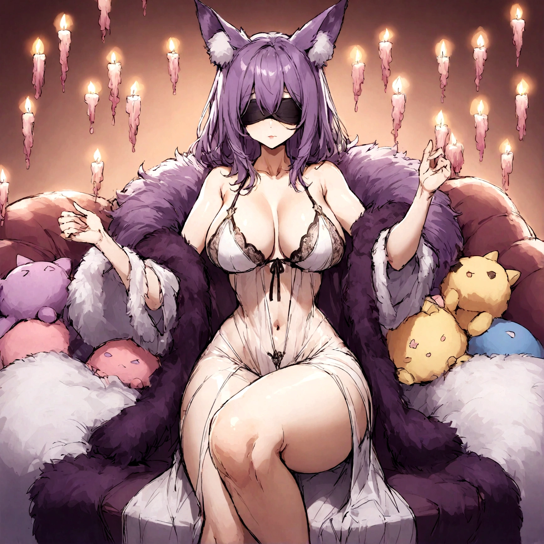 a sexy milf with a blindfold on, has very long purple hair, wearing fur lined sheer robe, breasts, showing cleavage, has fox ears, lounging on lounger sofa, surrounded by candles and soft multi colored fuzzy plushies