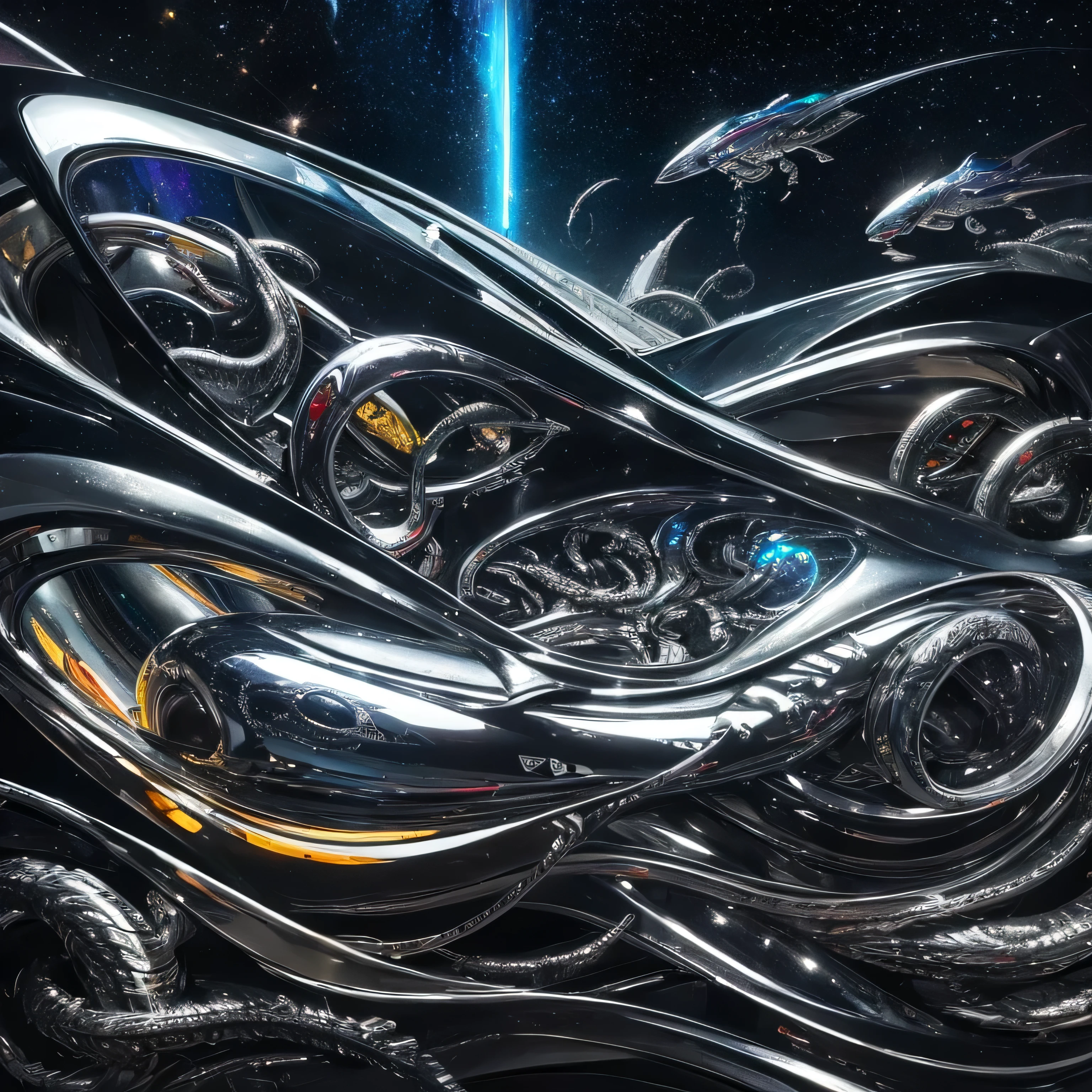 Chromed oil painting in shiny silver tones, the Portuguese word 'PSYWORMS' in 3D, cartoon silver font, surrounded by silver neon spaceships, galaxies in the sky, and a nightmare horror