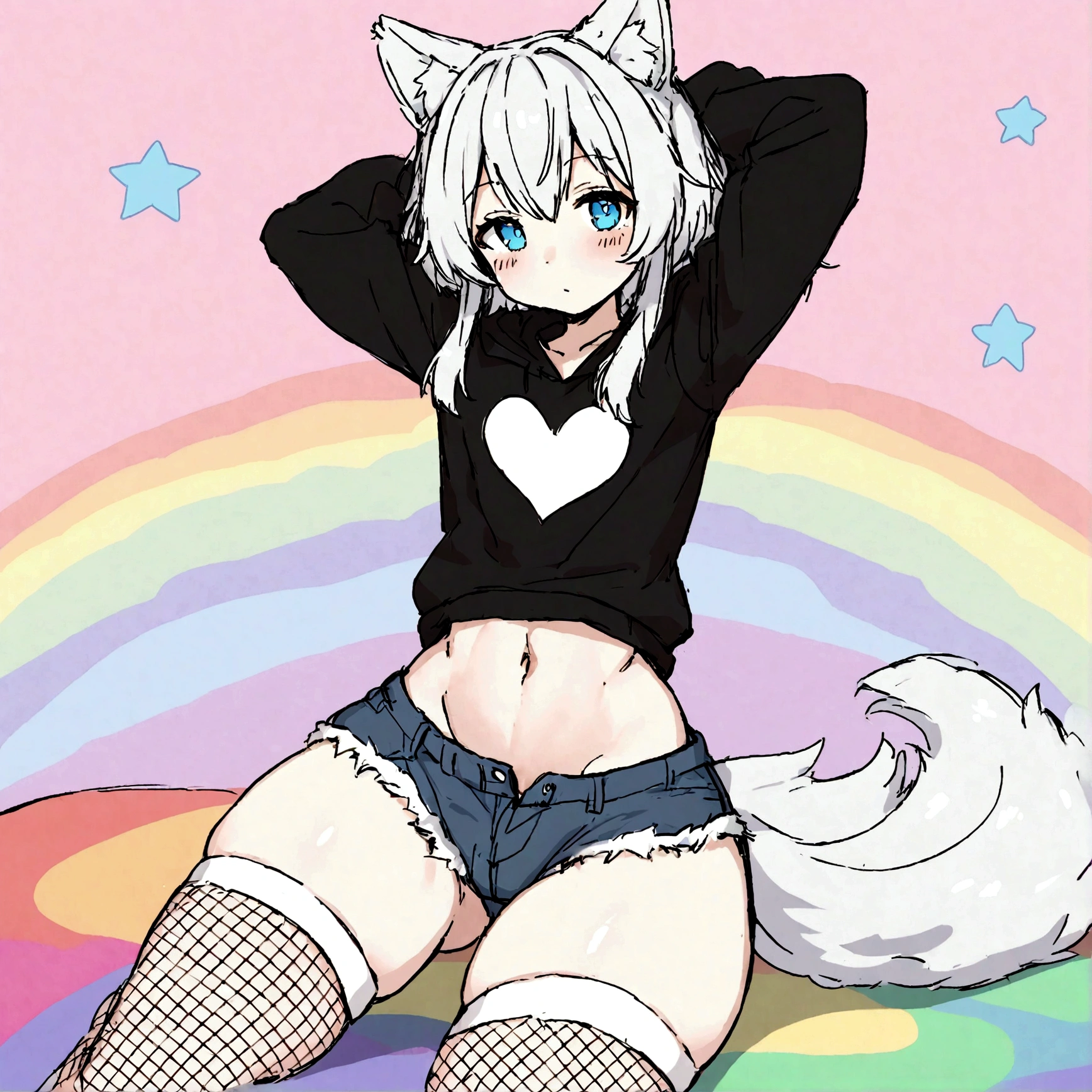 a cute adult male with wolf ears,long white hair with long locks, has a wolf tail, wearing a loose cropped oversized black hoodie, wearing a pair of denim short shorts and thigh high fishnet stockings, thick thighs, wide hips, relaxing on mound of fluffy multi colored kawaii plushies, short, very slim, showing slender tummy, stretching out, heart on hoodie, squishy thighs, has glowing blue eyes. alone, solo (ALONE)(SOLO), surrounded by rainbows, colorful galaxy backround, nice butt