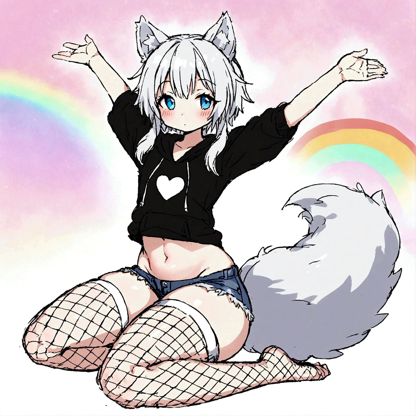 a cute adult male with wolf ears, white hair, has a wolf tail, wearing a loose cropped oversized black hoodie, wearing a pair of denim short shorts and fishnet stockings, thick thighs, wide hips, relaxing on mound of fluffy multi colored kawaii plushies, short, very slim, showing slender tummy, stretching out, heart on hoodie, squishy thighs, has glowing blue eyes. alone, solo (ALONE)(SOLO) happy, smiling, sexually suggestive pose