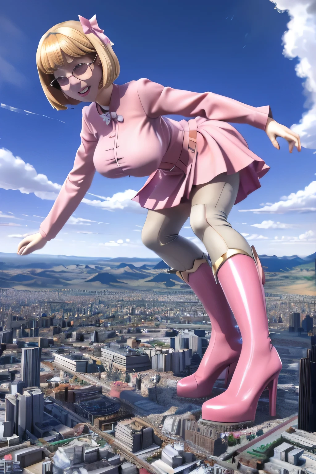 giantess art, highly detailed giantess shots, giantess, Two legs, Five fingers, short hair, A beautiful girl who is bigger than a skyscraper, Wearing rimless glasses, smile, Big Breasts, pink dress, bow, magical girl, magical wand, black pantyhose, pink stiletto heels, Lightning from a wand, Destroying cities, A very small big city, Miniature metropolis, Full body description, GTS, giga giantess, stomping city, crash city, tiny city, micro city, pantyhose feet, High resolution, highest quality, masterpiece,