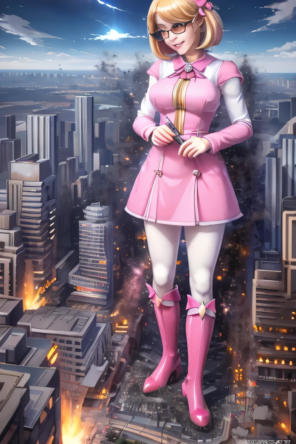 giantess art, highly detailed giantess shots, giantess, Two legs, Five fingers, short hair, A beautiful girl who is bigger than a skyscraper, Wearing rimless glasses, smile, Big Breasts, pink dress, bow, magical girl, magical wand, black pantyhose, pink stiletto heels, Lightning from a wand, Destroying cities, A very small big city, Miniature metropolis, Full body description, GTS, giga giantess, stomping city, crash city, tiny city, micro city, pantyhose feet, High resolution, highest quality, masterpiece, 