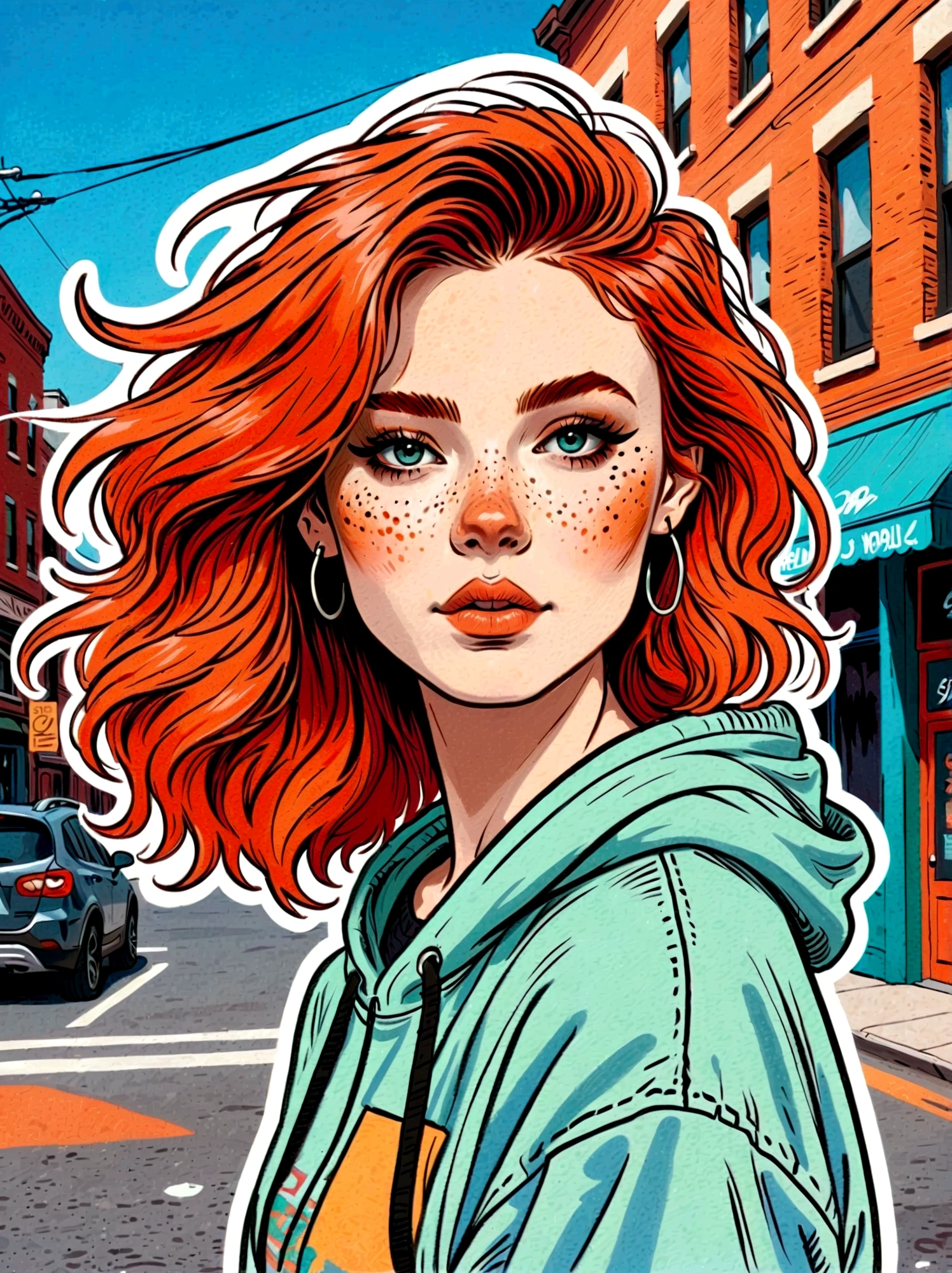 Cartoon hand drawn, 1girl, solo, Strike a pose, Ginger Hair, (Streetwear:1.2), By stickers, Sticker Fashion, Complex street background, Flat color made, Fair skin，The face is delicate and flawless，Magical naive art，Bright blue and green，The color palette is in red, orange and black tones and has a sketchy style, The background should have a simple hand-drawn doodle pattern, 1shxx1