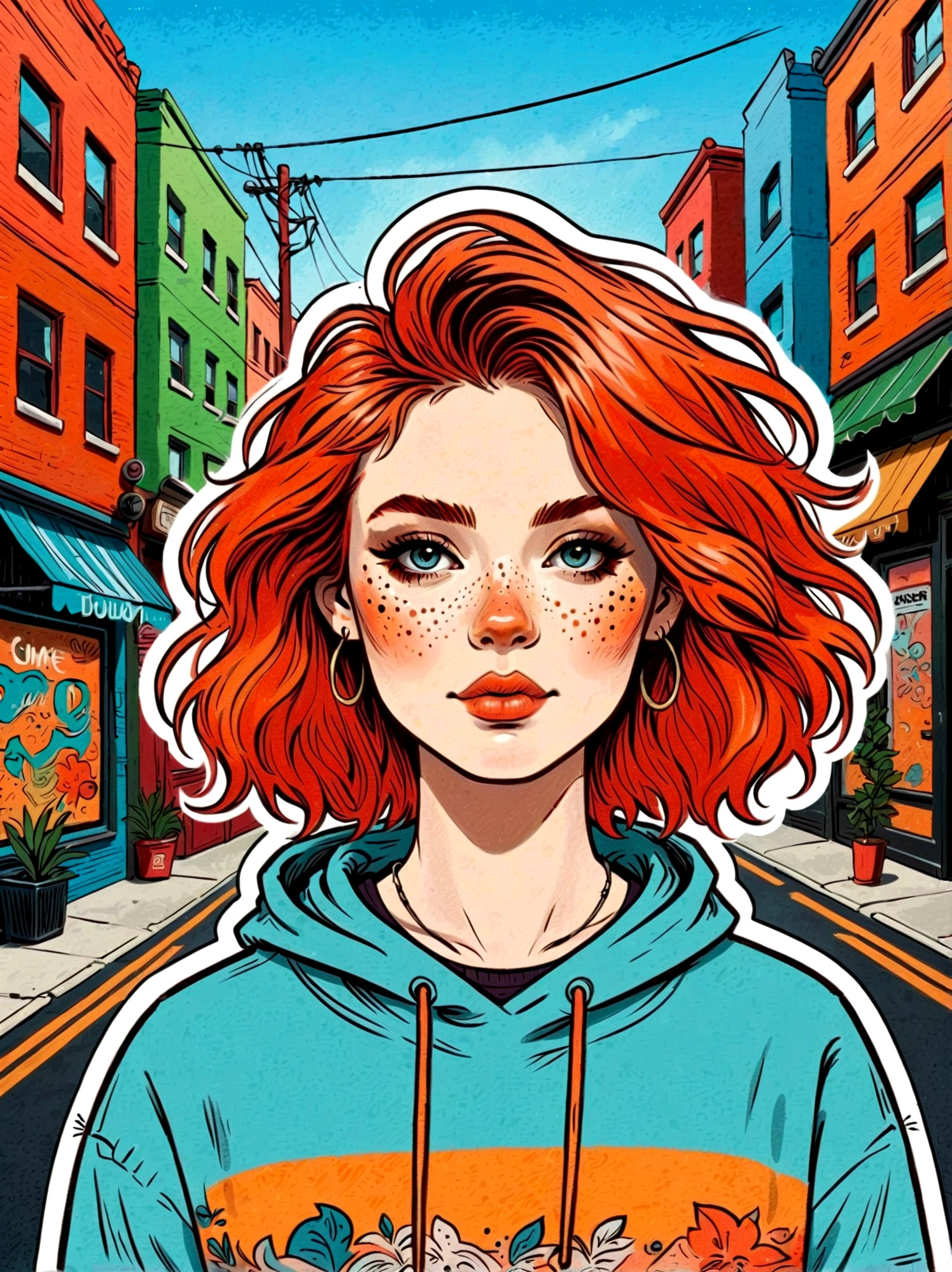 Cartoon hand drawn, 1girl, solo, Strike a pose, Ginger Hair, (Streetwear:1.2), By stickers, Sticker Fashion, Complex street background, Flat color made, Fair skin，The face is delicate and flawless，Magical naive art，Bright blue and green，The color palette is in red, orange and black tones and has a sketchy style, The background should have a simple hand-drawn doodle pattern, 1shxx1