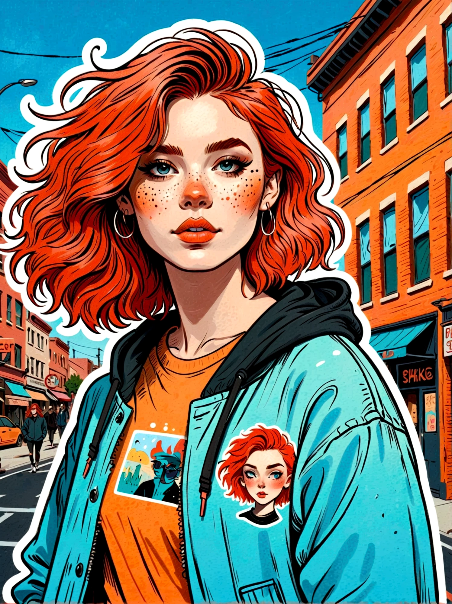 Cartoon hand drawn, 1girl, solo, Strike a pose, Ginger Hair, (Streetwear:1.2), By stickers, Sticker Fashion, Complex street background, Flat color made, Fair skin，The face is delicate and flawless，Magical naive art，Bright blue and green，The color palette is in red, orange and black tones and has a sketchy style, The background should have a simple hand-drawn doodle pattern, 1shxx1