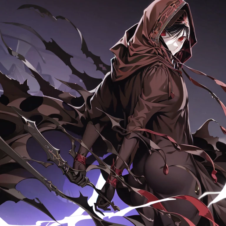 No name assassin, red eyes, cloak, robe, white gloves, dagger, black hair, long skirt, mask, hood, cape, best quality,