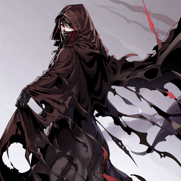 No name assassin, red eyes, cloak, robe, white gloves, dagger, black hair, long skirt, mask, hood, cape, best quality,