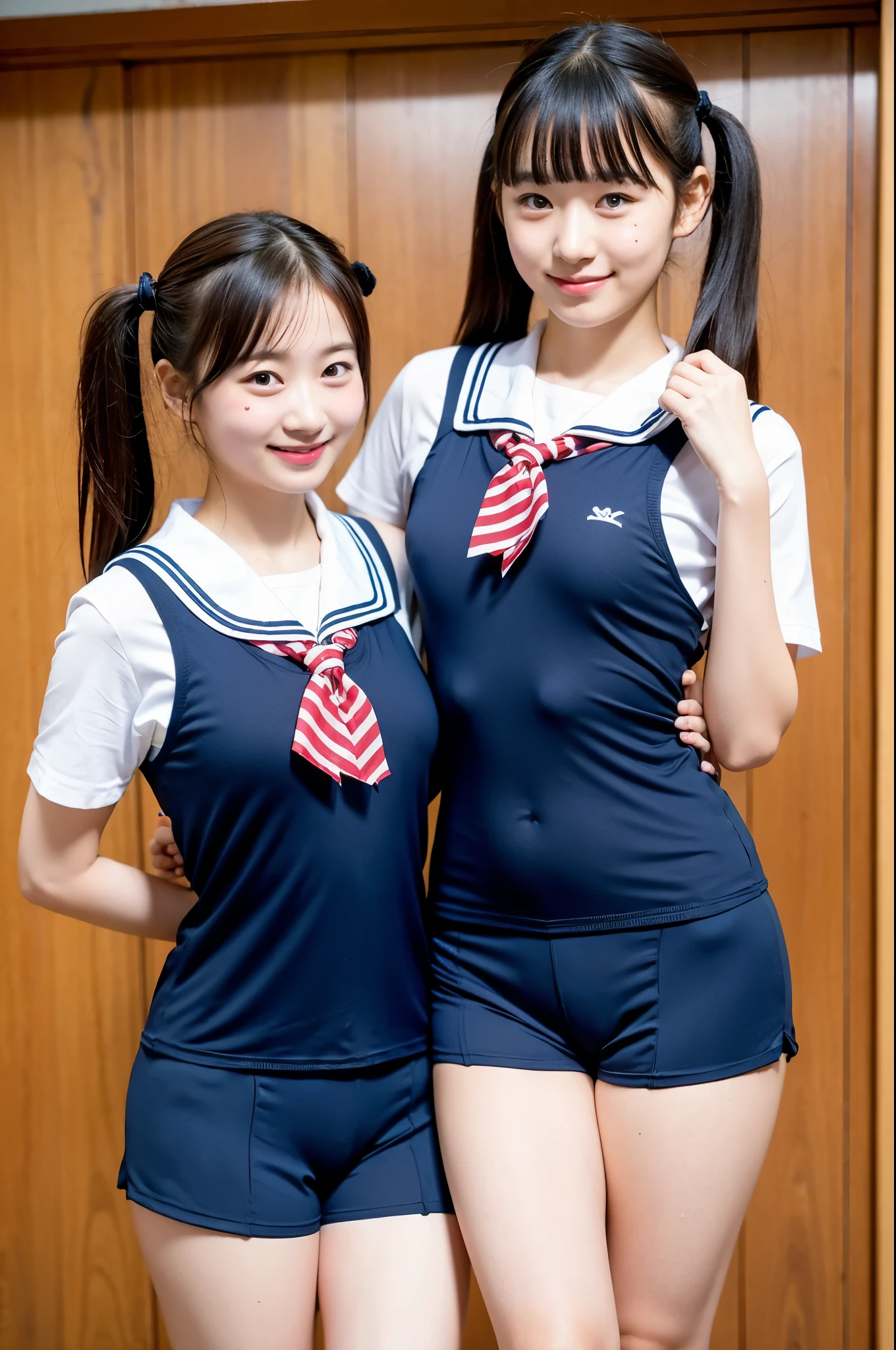 2 girls walking in wooden school classroom,sailor shirt over,BREAK,navy blue school swimsuit with navy blue compression long shorts,18-year-old,bangs,a little smile,thighs,knees,short hair with low pigtails,from before,front light