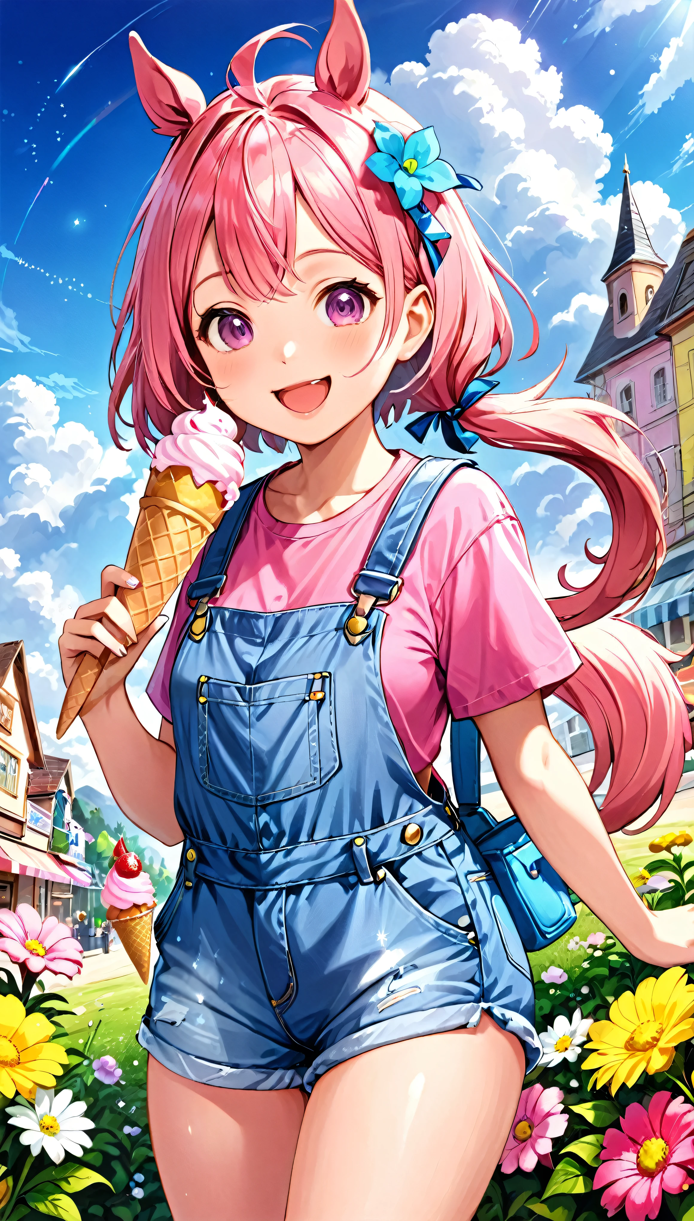 masterpiece、highest quality、1girl、solo、Haruurara、Oversized Overall Shorts、Pink Shirt、ice cream cone、Horse tail accessories(0.6)、Open-mouthed and smiling broadly、Surrounded by a cloudy background、Flower-shaped pupils sparkle。