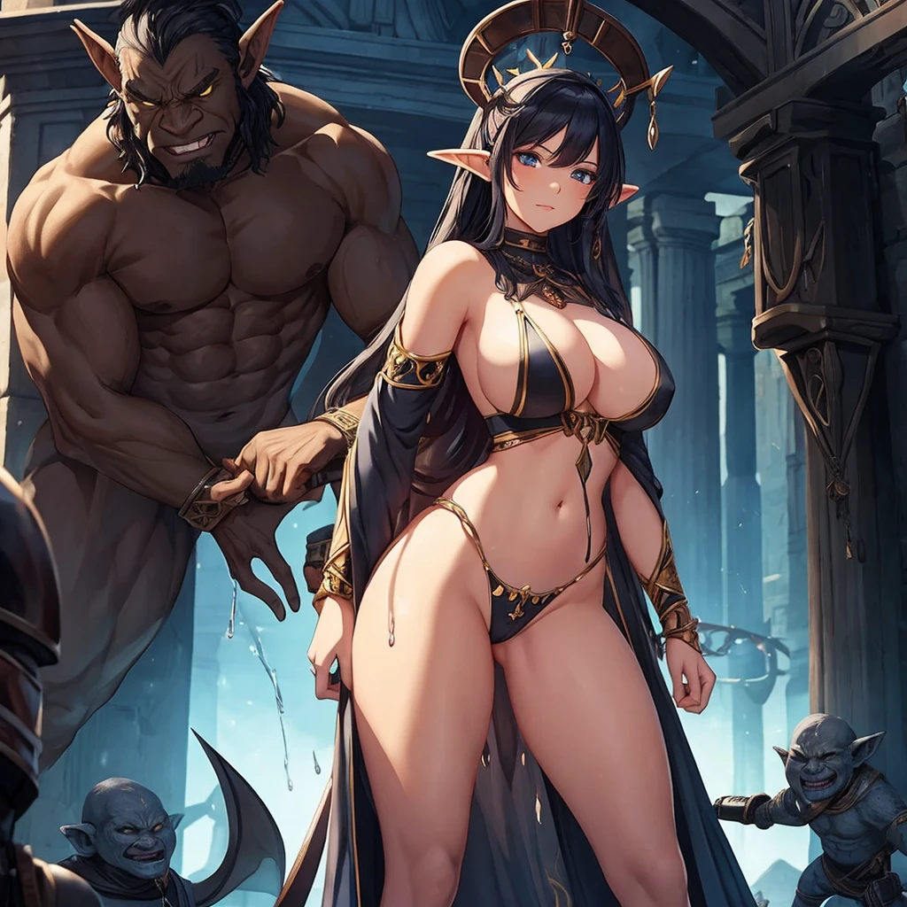 woman playing with a giant monster, orc who's standing behind her, slave rags leash iron ball berlinda on the back of her body with many goblins, woman posing in an open courtyard in an ancient world, a girl with milk in front of her, a picture of her flushed face behind her gun exposed with gooey goop dripping all over her body, lewd face, a drawing of a debauchery priest many cultist of aphrodite, pudica pose gesture, cell shaded adult animation, sketchy artstyle, gesture drawn, holding a pudica pose, body pose!, full body drawing, full character body, full body concept, full body; front view, female full body, realistic proportions!!, entire body